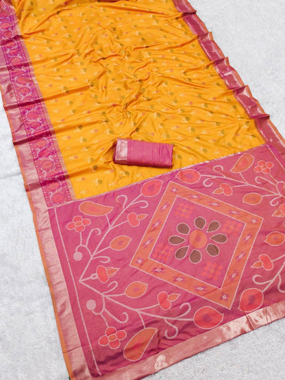 Scintilla Yellow Banarasi Pochampally Silk Saree With Lassitude Blouse Piece