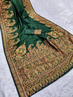 Nectarous Dark Green Pashmina Saree With Ratatouille Blouse Piece