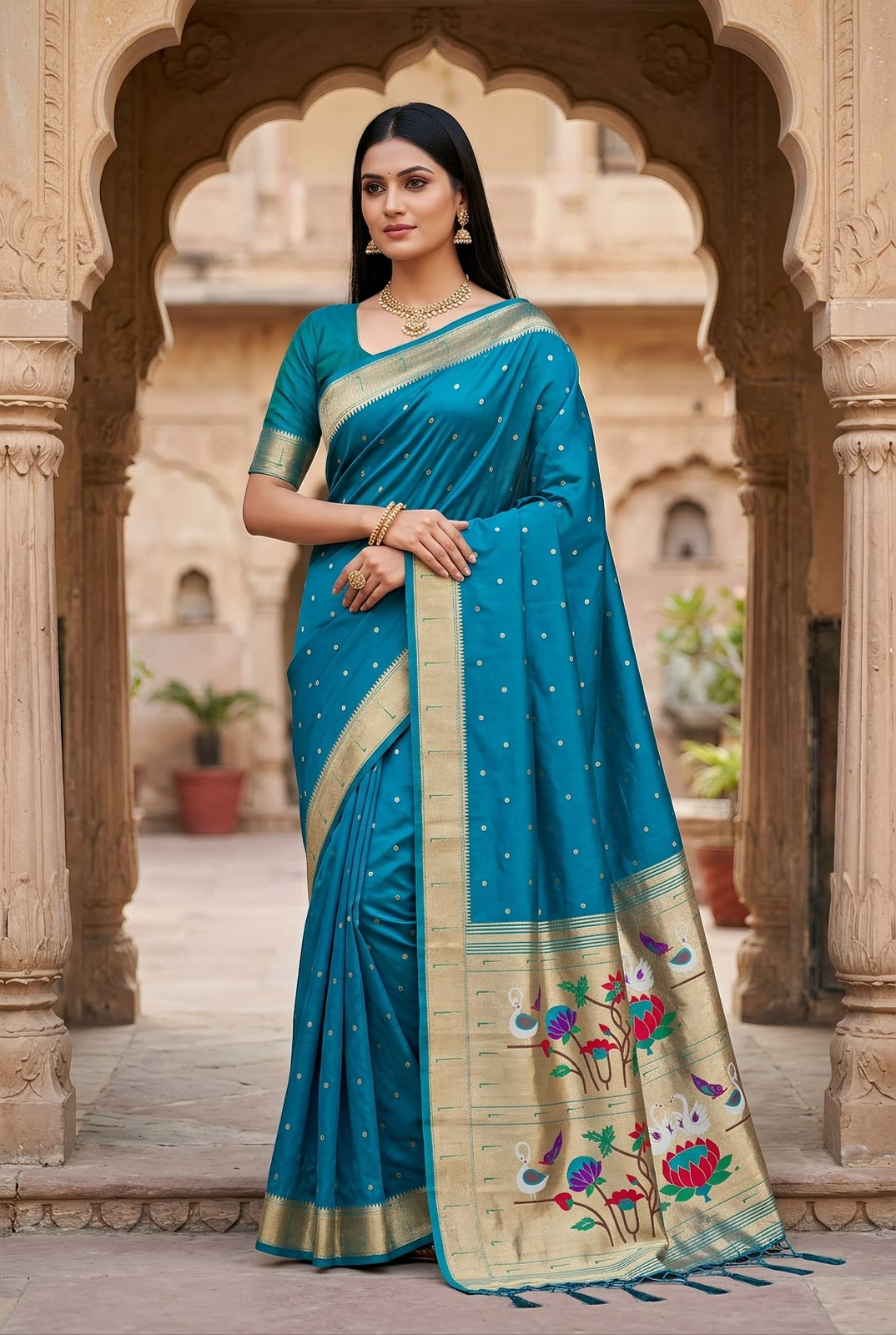 Skinny Firozi Paithani Silk Saree With Exquisite Blouse Piece