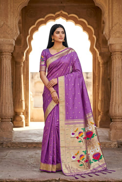 Snazzy Lavender Paithani Silk Saree With Embellished Blouse Piece