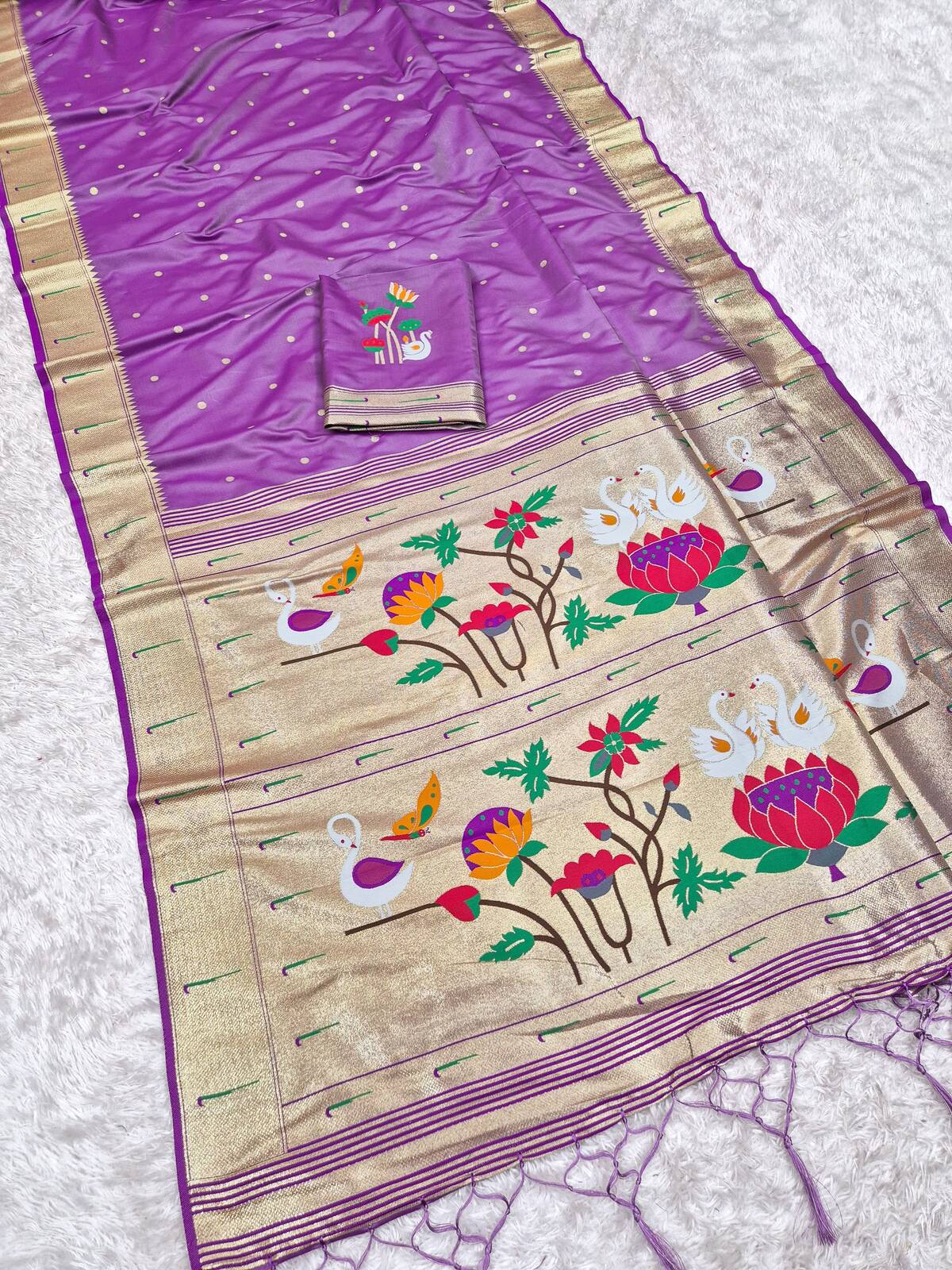 Snazzy Lavender Paithani Silk Saree With Embellished Blouse Piece