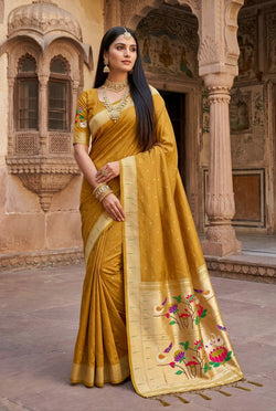 Dulcet Mustard Paithani Silk Saree With Ethereal Blouse Piece