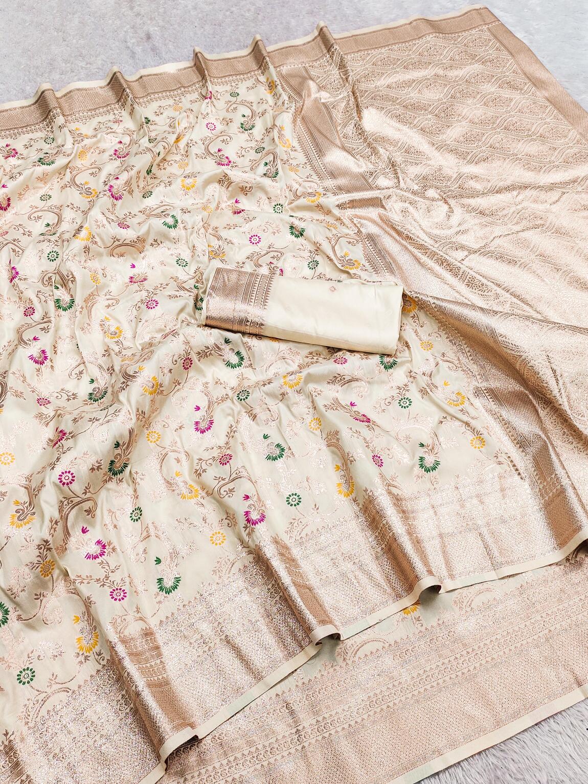 Charismatic Beige Soft Banarasi Silk Saree With Fairytale Blouse Piece