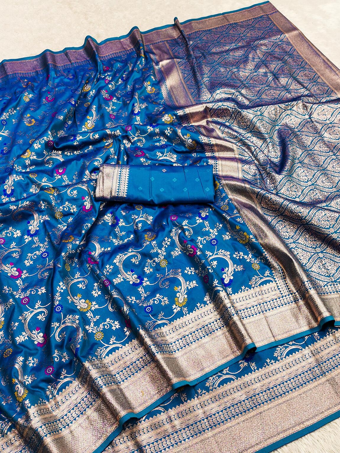 Gratifying Blue Soft Banarasi Silk Saree With Quintessential Blouse Piece