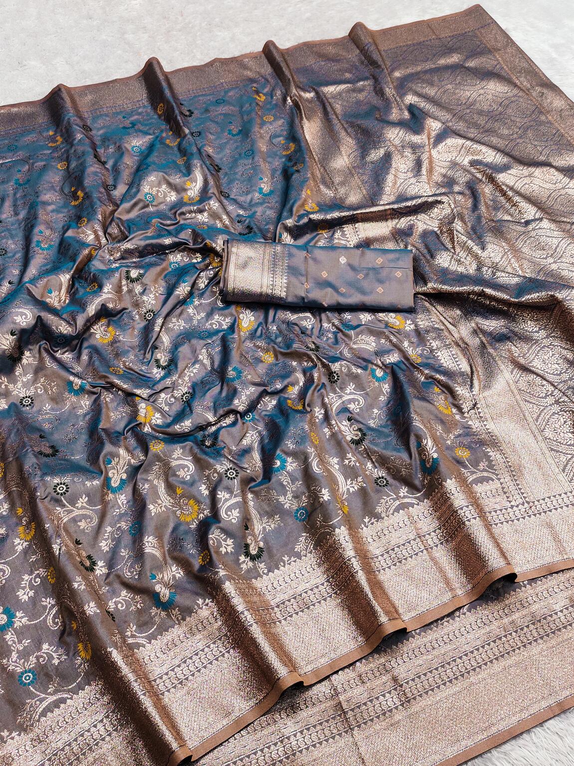 Lassitude Grey Soft Banarasi Silk Saree With Captivating Blouse Piece