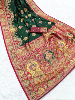 Sizzling Dark Green Pashmina Saree With Exquisite Blouse Piece