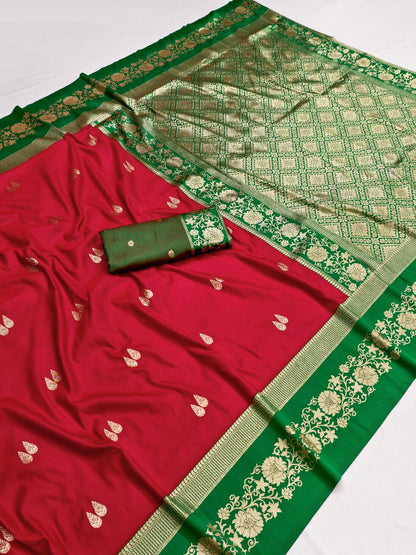 Fragrant Red Pure Zari Weaving Banarasi Silk Saree With Mesmeric Blouse Piece