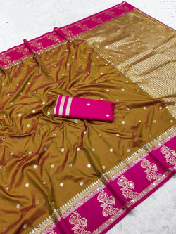 Diaphanous Mustard and Pink Pure Banarasi Silk Saree With Intricate Blouse Piece
