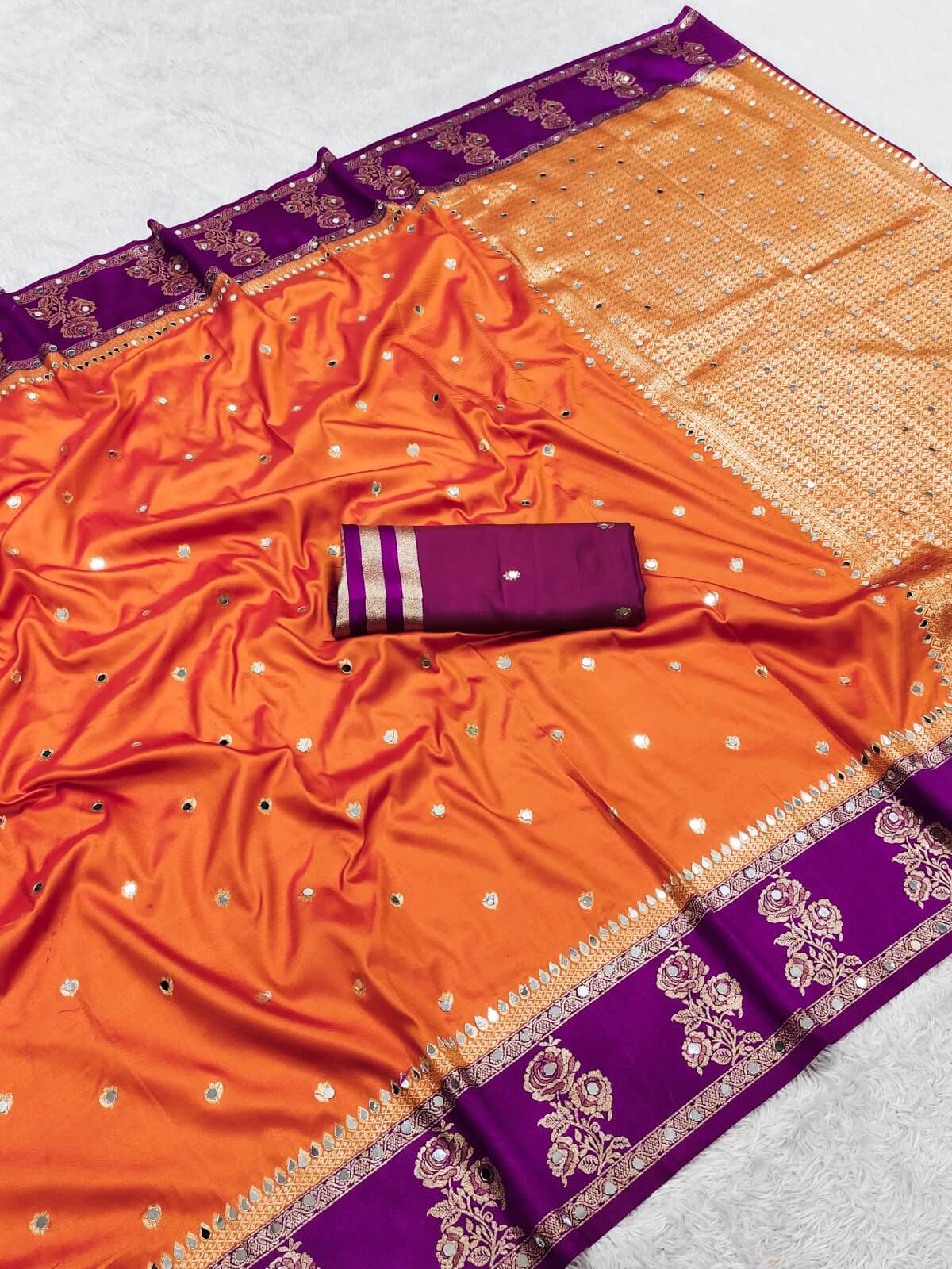 Prominent Orange Pure Banarasi Silk Saree With Gorgeous Blouse Piece