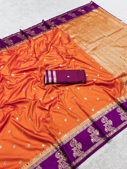Prominent Orange Pure Banarasi Silk Saree With Gorgeous Blouse Piece