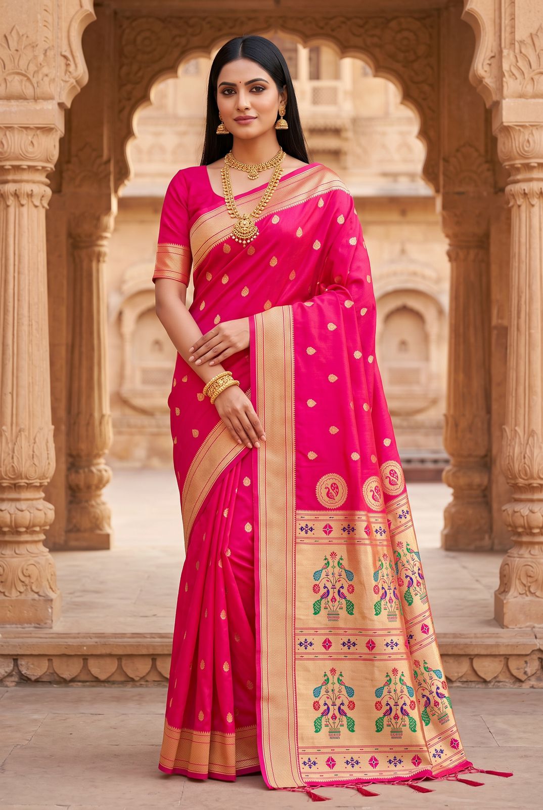 Lassitude Dark Pink Paithani Silk Saree With Improbable Blouse Piece