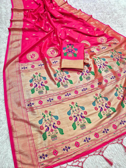 Lassitude Dark Pink Paithani Silk Saree With Improbable Blouse Piece