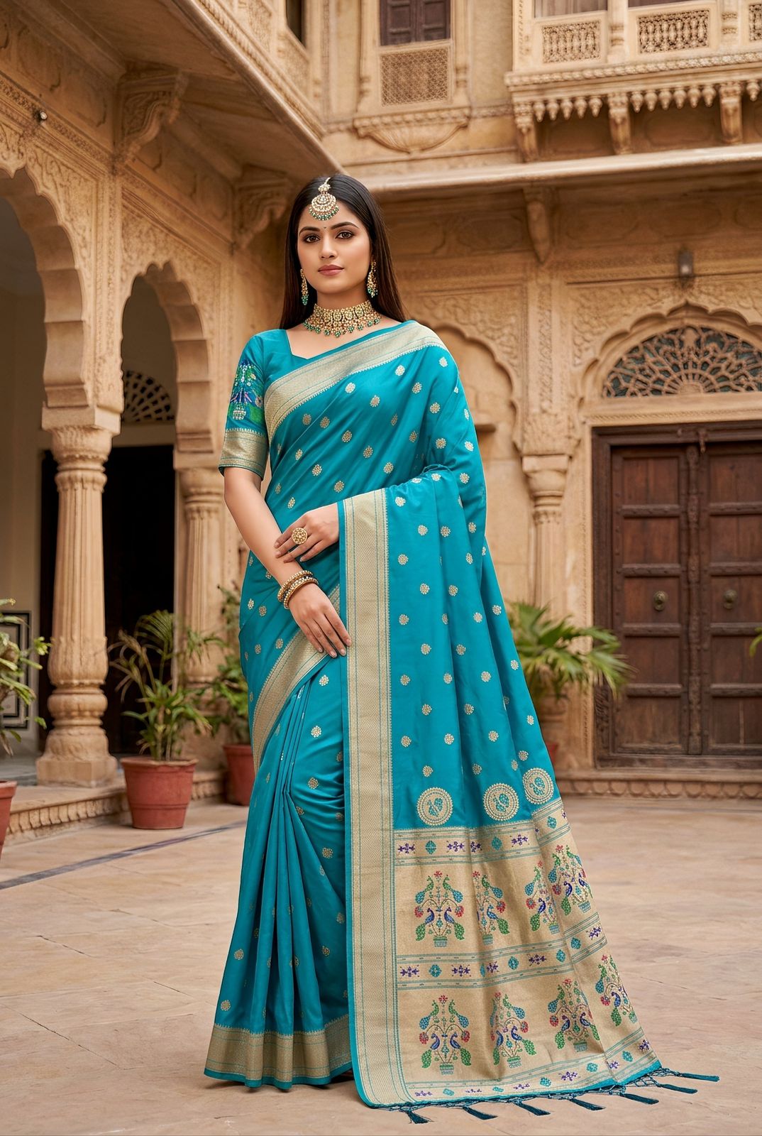Majestic Firozi Paithani Silk Saree With Effulgent Blouse Piece