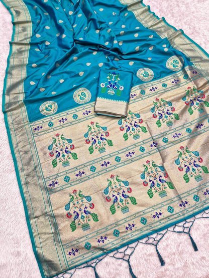 Majestic Firozi Paithani Silk Saree With Effulgent Blouse Piece