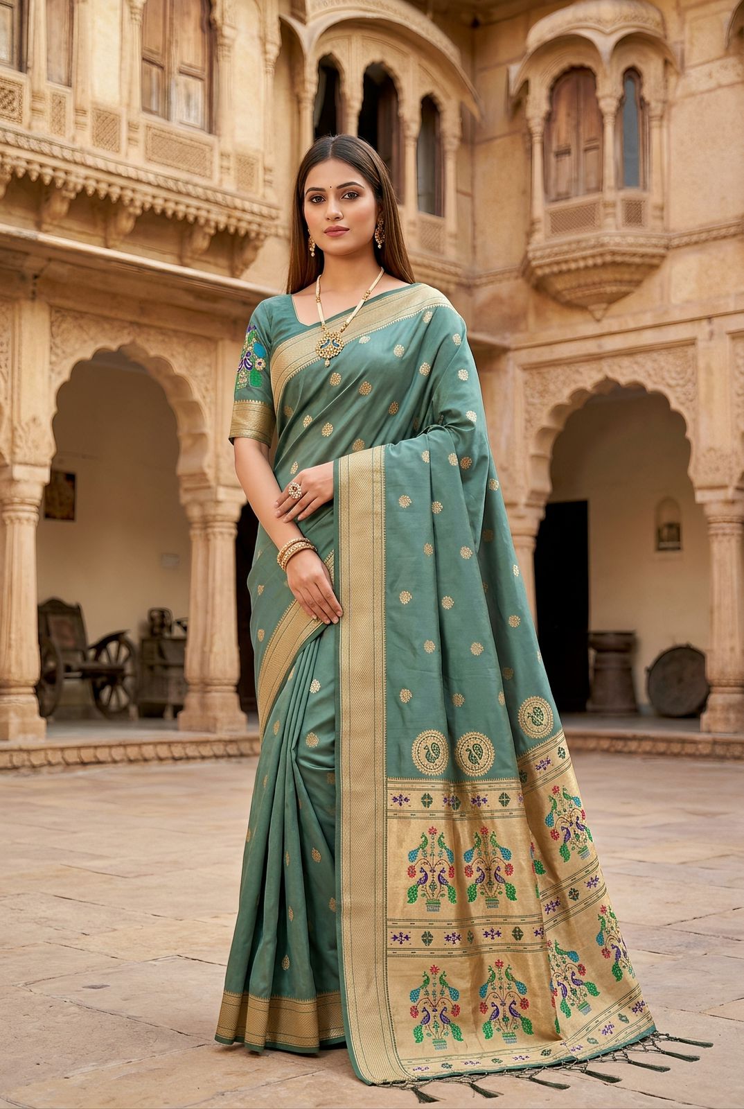 Opulent Grey Paithani Silk Saree With Elegant Blouse Piece