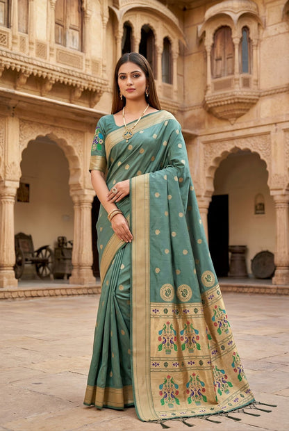 Opulent Grey Paithani Silk Saree With Elegant Blouse Piece