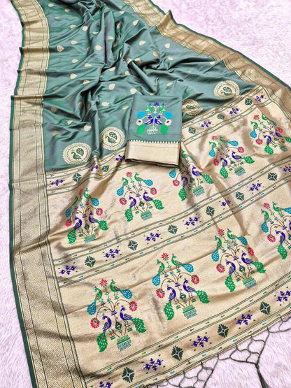 Opulent Grey Paithani Silk Saree With Elegant Blouse Piece
