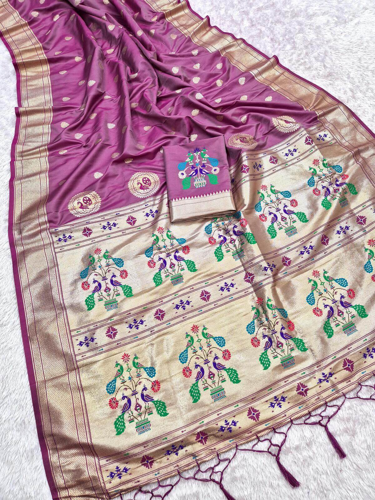 Seraphic Lavender Paithani Silk Saree With Woebegone Blouse Piece