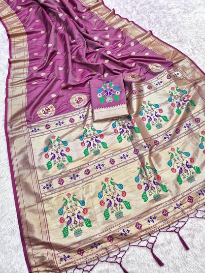 Seraphic Lavender Paithani Silk Saree With Woebegone Blouse Piece