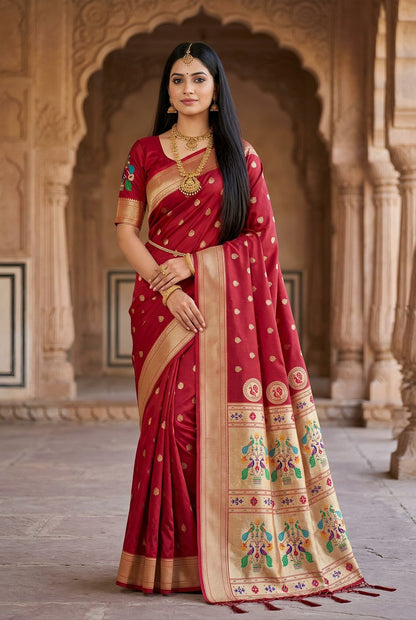 Piquant Maroon Paithani Silk Saree With Staring Blouse Piece