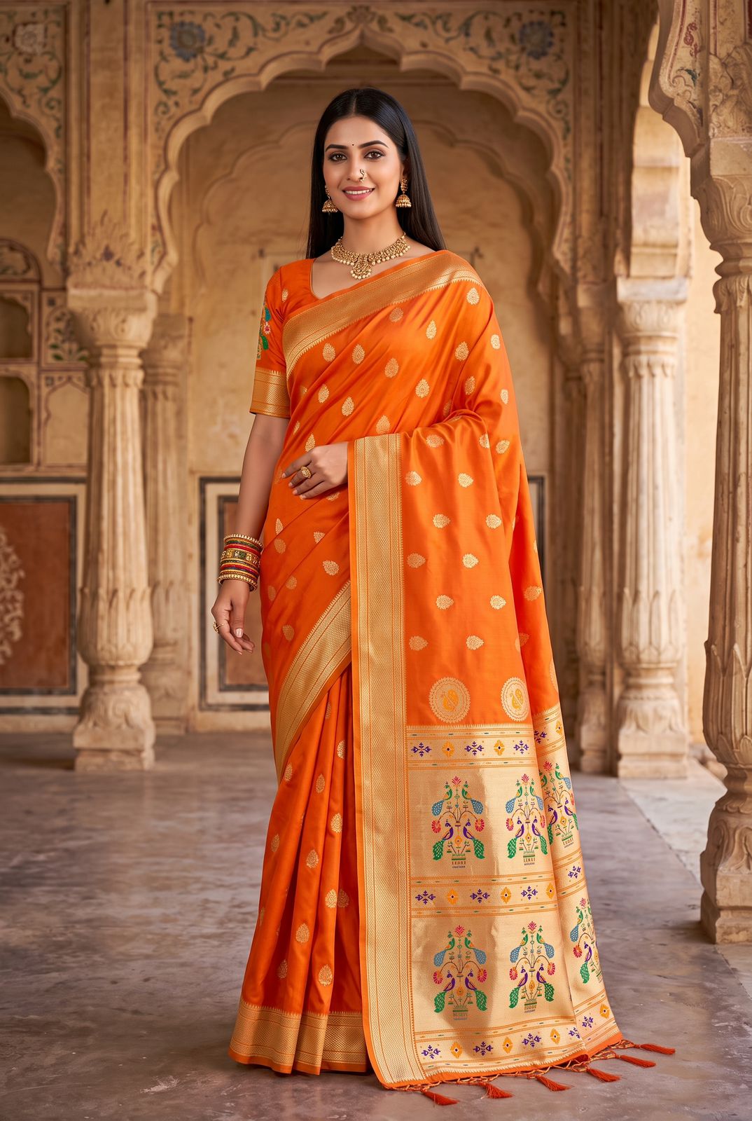 Aplomb Orange Paithani Silk Saree With Susurrous Blouse Piece