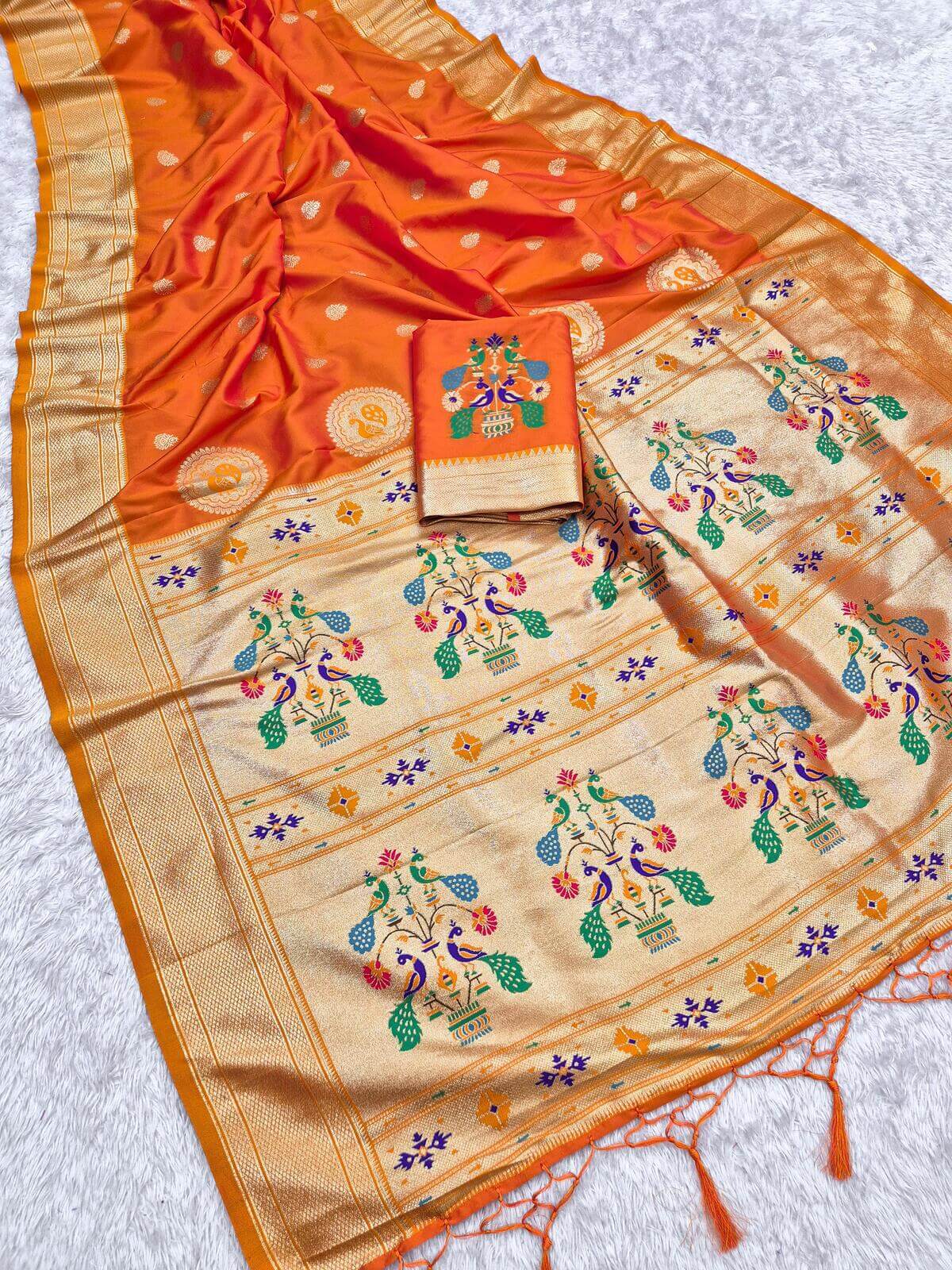Aplomb Orange Paithani Silk Saree With Susurrous Blouse Piece