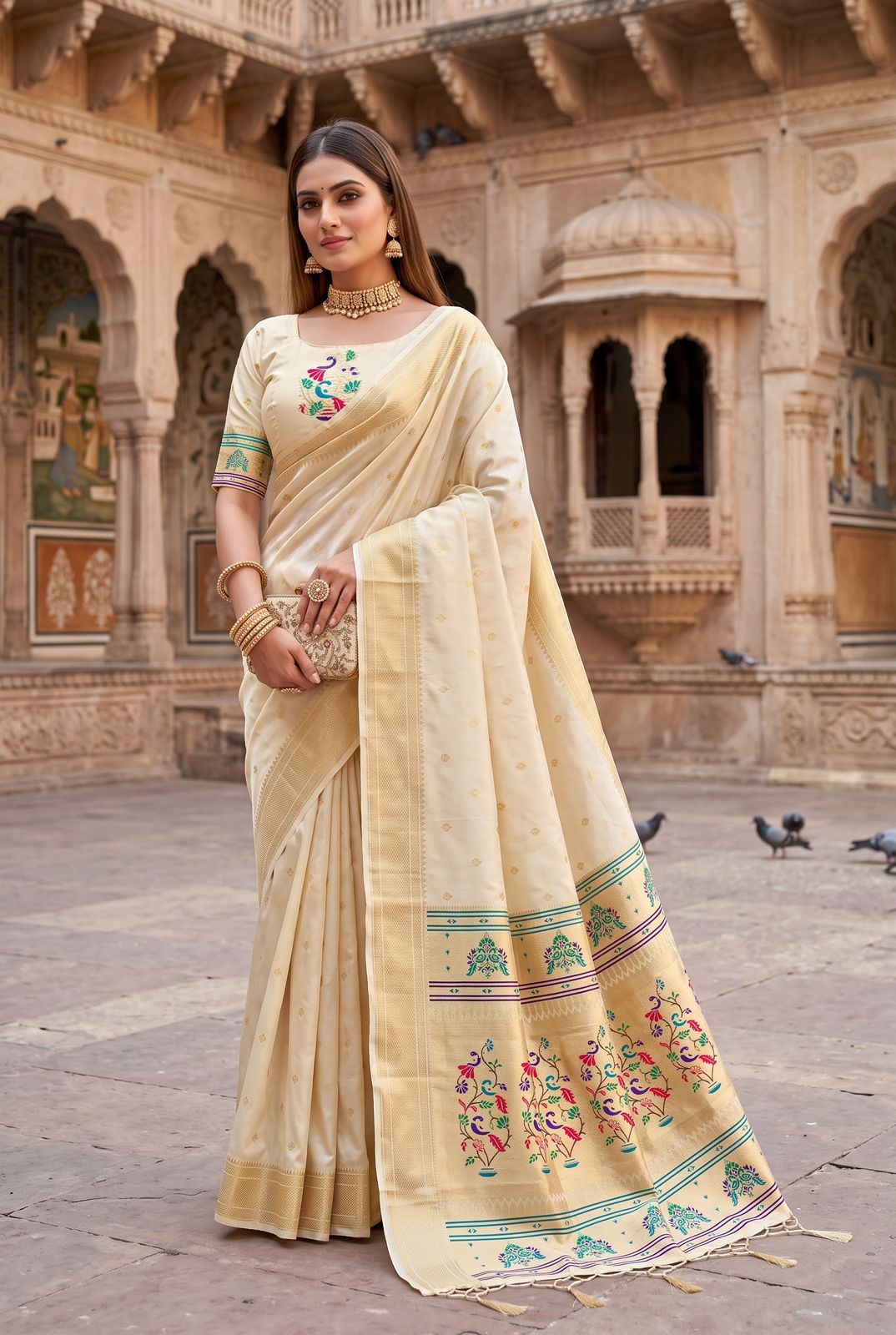 Twirling Beige Paithani Silk Saree With Designer Blouse Piece