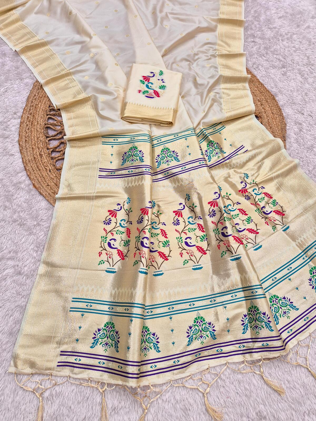 Twirling Beige Paithani Silk Saree With Designer Blouse Piece