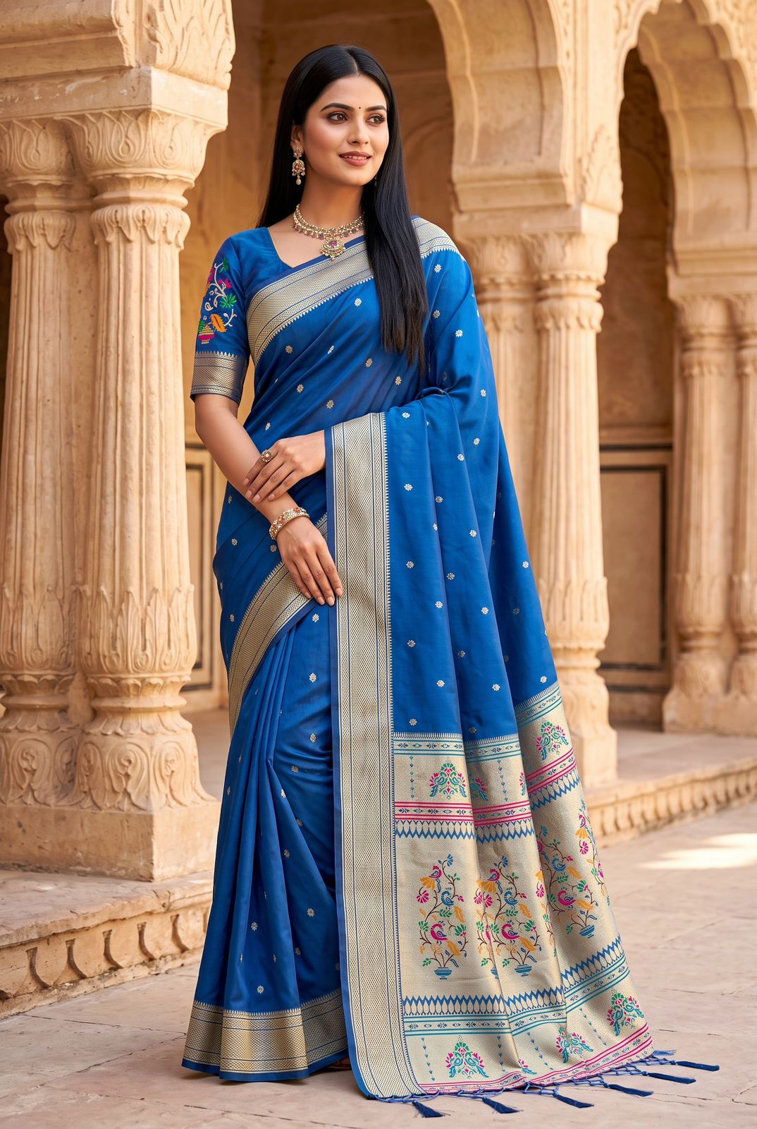 Nebula Blue Paithani Silk Saree With Pleasant Blouse Piece