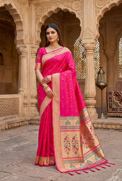Staring Dark Pink Paithani Silk Saree With Extraordinary Blouse Piece
