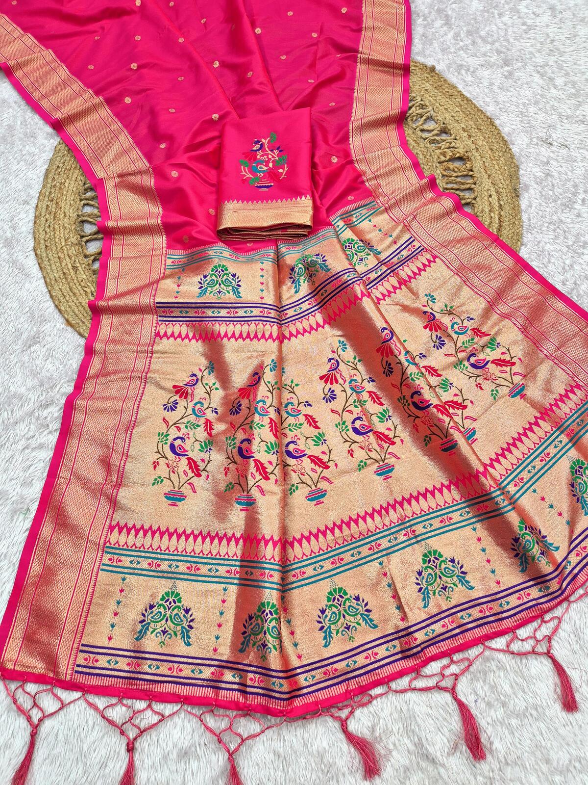 Staring Dark Pink Paithani Silk Saree With Extraordinary Blouse Piece