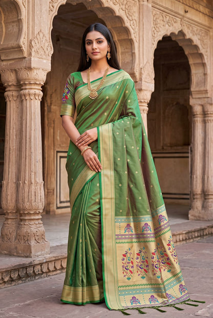 Supernal Green Paithani Silk Saree With Ineffable Blouse Piece
