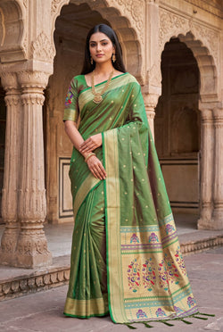 Supernal Green Paithani Silk Saree With Ineffable Blouse Piece