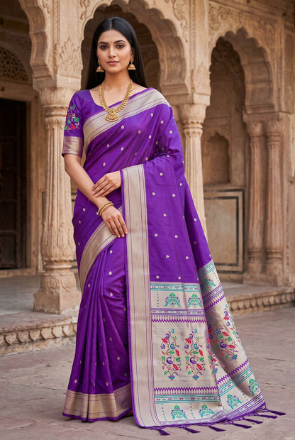 Zephyr Purple Paithani Silk Saree With Snazzy Blouse Piece