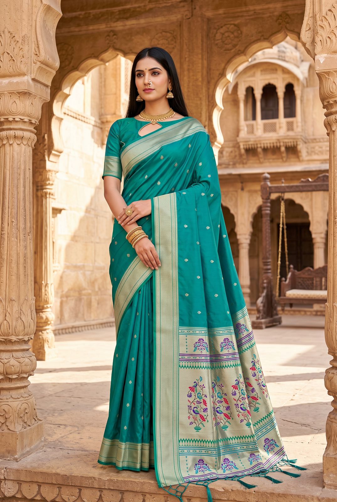 Dulcet Rama Paithani Silk Saree With Stunning Blouse Piece