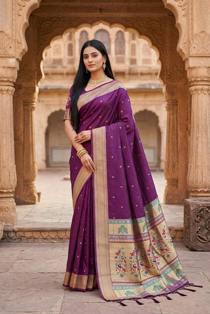 Snappy Wine Paithani Silk Saree With Charming Blouse Piece