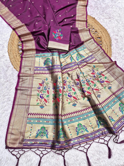 Snappy Wine Paithani Silk Saree With Charming Blouse Piece