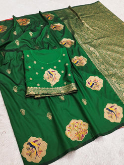 Appealing Dark Green Pure Zari Weaving Banarasi Silk Saree With Elision Blouse Piece