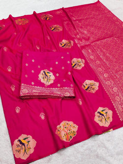 Desultory Dark Pink Pure Zari Weaving Banarasi Silk Saree With Ratatouille Blouse Piece