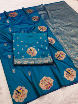 Admirable Teal Blue Pure Zari Weaving Banarasi Silk Saree With Pretty Blouse Piece