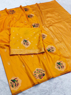 Staggering Yellow Pure Zari Weaving Banarasi Silk Saree With Cynosure Blouse Piece