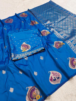 Luxuriant Blue Pure Zari Weaving Banarasi Silk Saree With Wonderful Blouse Piece