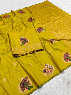 Deserving Mustard Pure Zari Weaving Banarasi Silk Saree With Ebullience Blouse Piece