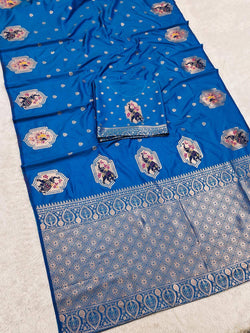 Woebegone Blue Pure Zari Weaving Banarasi Silk Saree With Palimpsest Blouse Piece