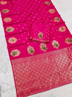 Mellifluous Dark Pink Pure Zari Weaving Banarasi Silk Saree With Magnificat Blouse Piece