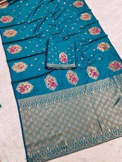 Supernal Firozi Pure Zari Weaving Banarasi Silk Saree With Radiant Blouse Piece