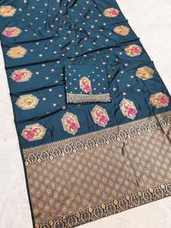Lissome Navy Blue Pure Zari Weaving Banarasi Silk Saree With Sensational Blouse Piece