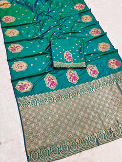 Amazing Rama Pure Zari Weaving Banarasi Silk Saree With Tantalizing Blouse Piece