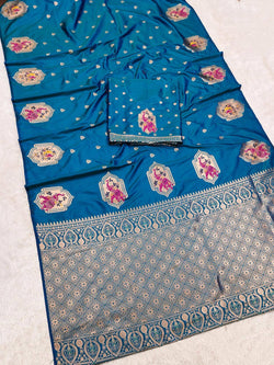 Imbrication Teal Blue Pure Zari Weaving Banarasi Silk Saree With Serendipity Blouse Piece