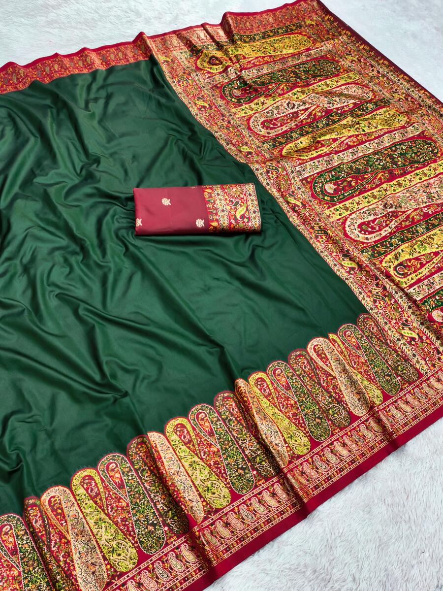 Glorious Dark Green Nylon Dola Pashmina Saree With Panoply Blouse Piece